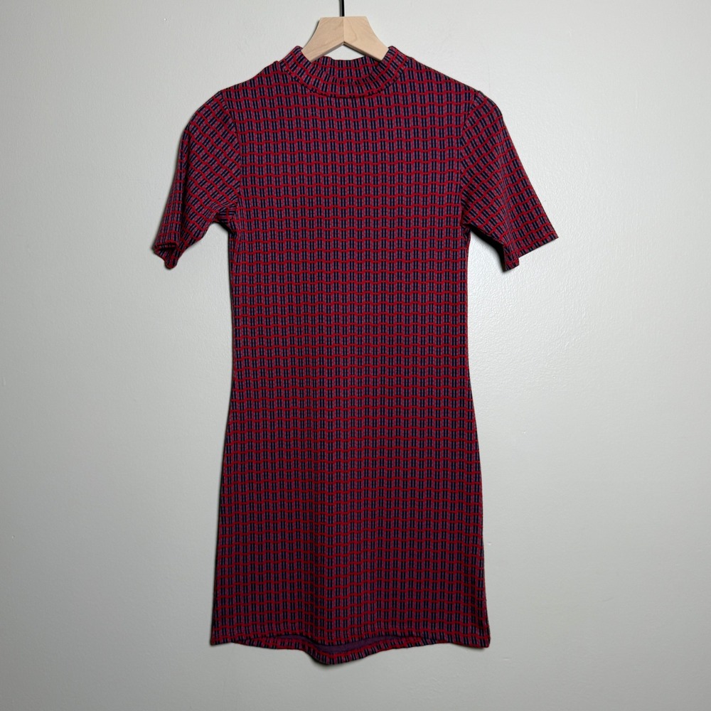 Topshop Red Navy Geometric Knit Mock Neck Short Sleeve Bodycon Mini Dress US 4